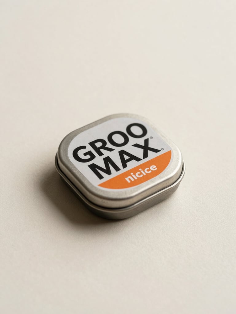 GROO MAX nicotine pouch tin, studio flat-lay on a clean cream surface, soft diffuse fill light with a subtle rim highlight on the product edge, shot from a slight 45-degree angle, generous negative space to the right