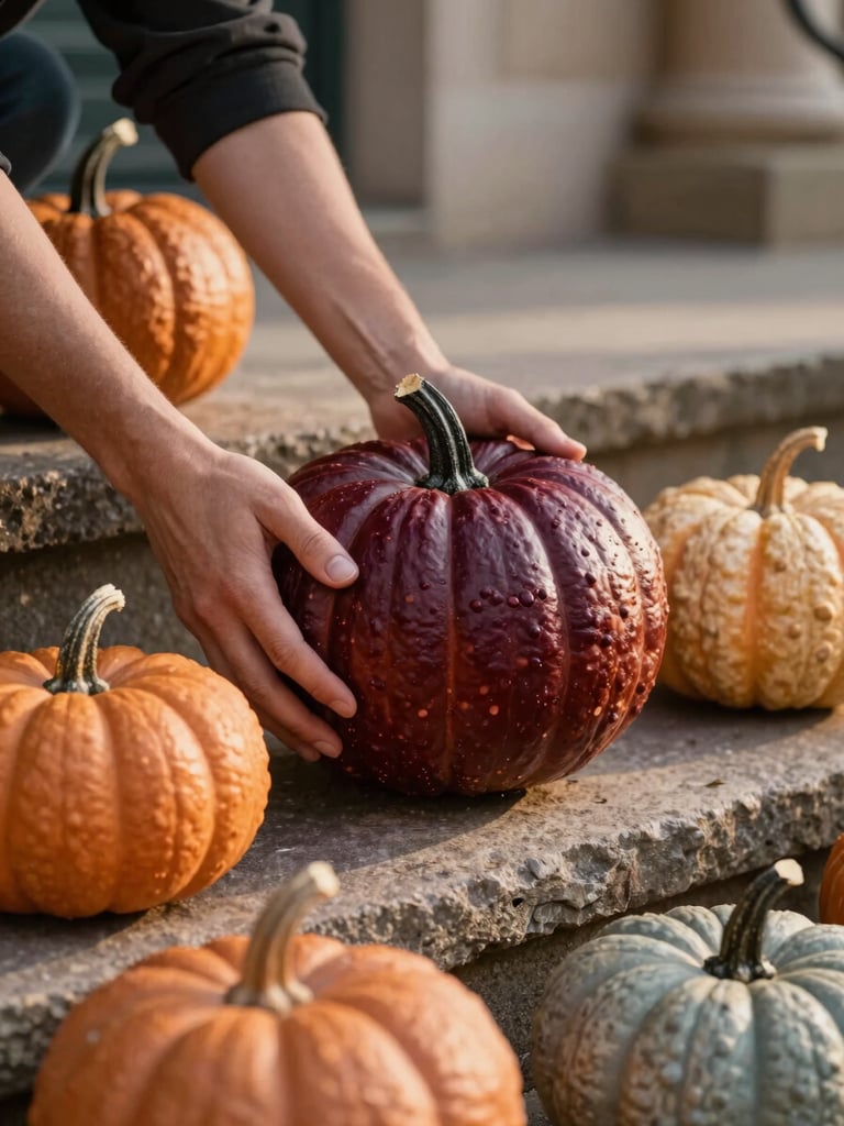 Close-up detail of hands placing a deep-burgundy heirloom pumpkin among a composition of terracotta and sage gourds on rough stone steps, golden-hour light raking across the textured surfaces, soft depth of field blurring the architectural background