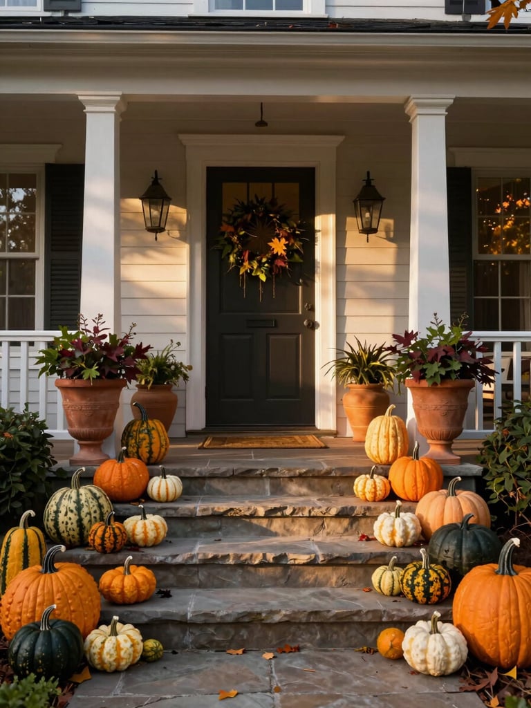 Wide environmental shot of a fully staged autumn porch entry at golden hour — stone steps flanked by a curated arrangement of heirloom gourds, terracotta urns, and deep-green foliage spilling across the threshold, warm raking light catching the texture of each surface, the home's architectural facade receding softly into the background