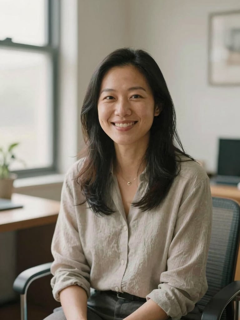Environmental portrait of Amy Liu Miller, a female therapist with a warm smile, sitting in a naturally lit office, soft neutral tones, shallow depth of field.