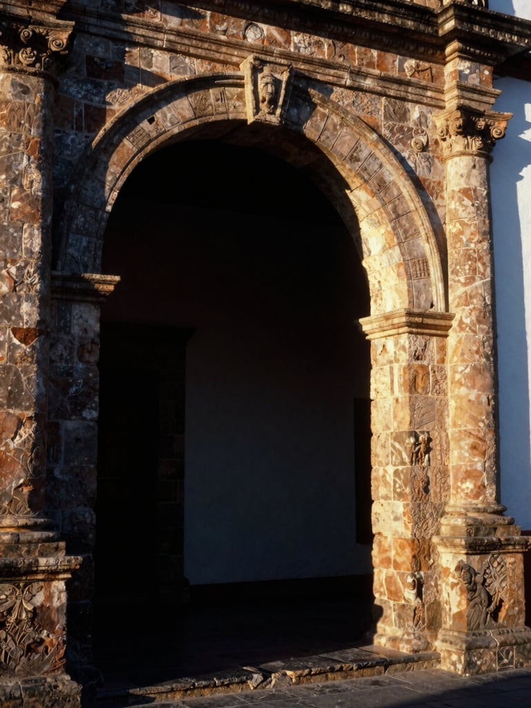Imposing traditional stone archway of historic Spanish colonial architecture in Nochistlán, Zacatecas, warm golden-hour side lighting, deep shadows, rich architectural textures, 35mm film.