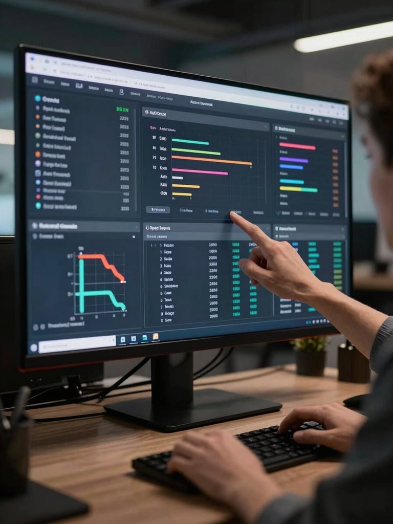 Wide-angle shot of a large monitor displaying a multi-channel analytics dashboard—ad spend, SEO rankings, and automation flow visible simultaneously—cool studio lighting, hands of a strategist pointing at a metric on screen, dark office environment