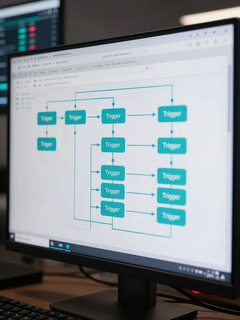 Close-up of a wide monitor displaying an AI automation workflow diagram with connected nodes, trigger events, and data routing paths, cool cyan and white interface elements on a dark background, a second screen visible behind showing live metrics, shallow depth of field, studio lighting