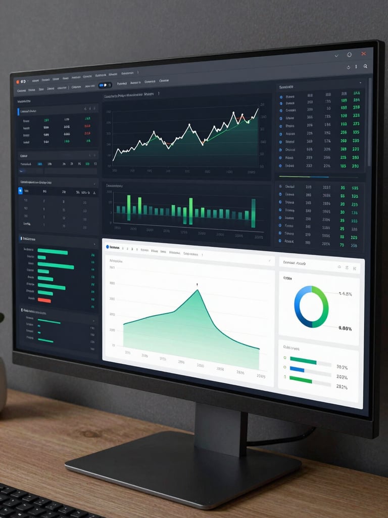 Wide-angle close-up of a multi-panel analytics dashboard on a large monitor, showing live traffic graphs, conversion funnel charts, and ad spend ROI metrics, cool studio lighting, dark UI, data-dense and precise