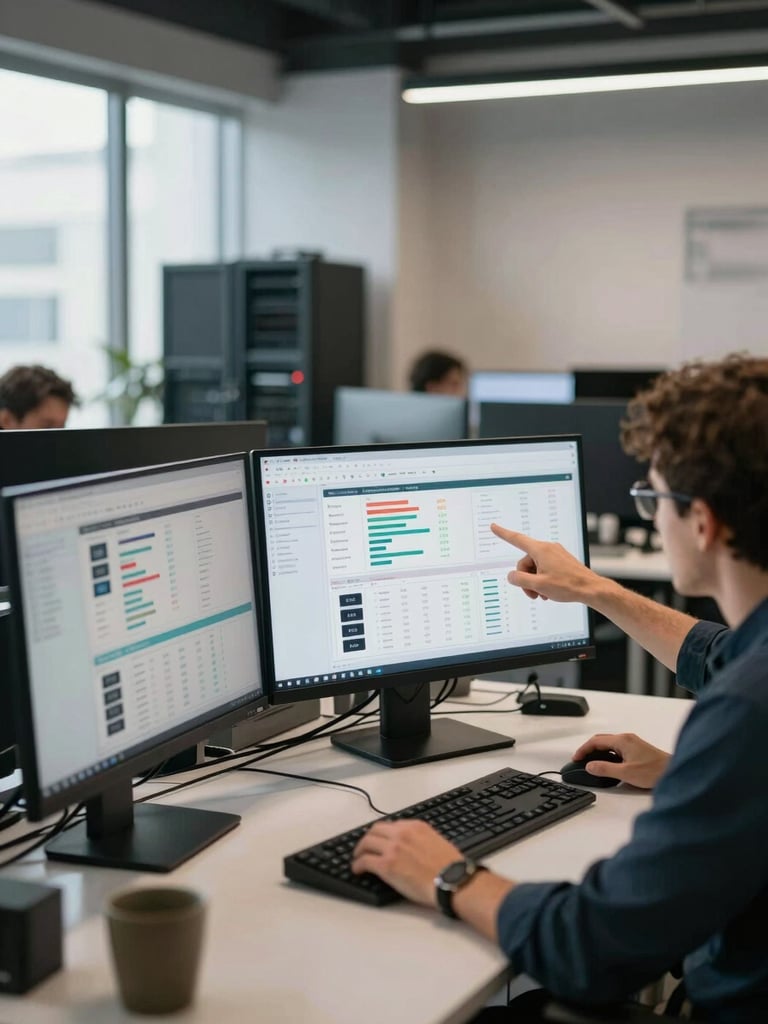 Wide environmental shot from the right side of a modern open office, multiple screens displaying analytics dashboards and SEO performance charts, a team member pointing at a large monitor showing integrated campaign data, cool daylight flooding in from the left, desks and server infrastructure visible in the background, shallow depth of field
