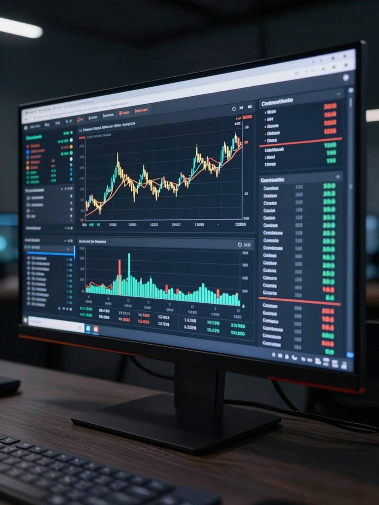 Wide-angle view of a large monitor displaying a live analytics dashboard with traffic graphs and conversion metrics, cool studio lighting, dark environment, data clearly legible on screen, no people in frame