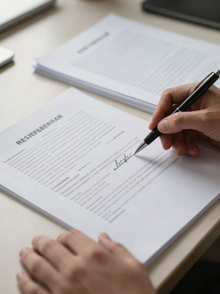 Close-up of hands organizing a set of documents on a desk, a pen placed across a signature line on a form, office daylight from the left, papers slightly overlapping, warm neutral tones, no people's faces visible