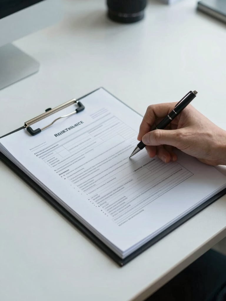 Close overhead view of a clean office desk under cool daylight, a hand holding a pen poised above a multi-page government form, a tabbed folder open beside it, document edges visible, no faces, no screens, calm organized work surface