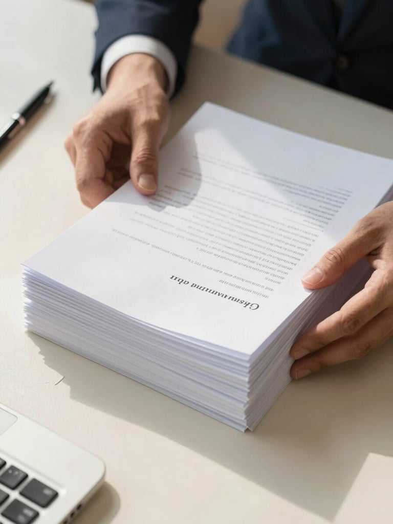 Close-up overhead of a pair of hands organizing a neat stack of documents on a clean desk, a pen resting alongside a signed paper, office daylight falling from the left, the desk surface warm cream, paperwork crisp and orderly
