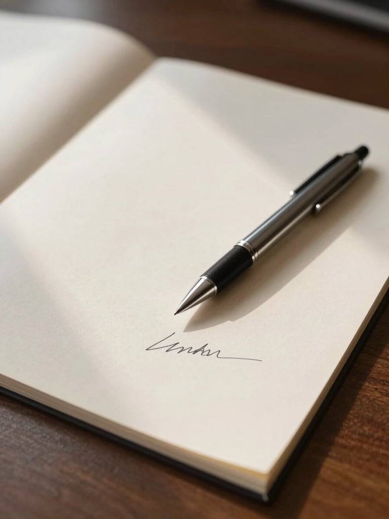 Close-up overhead view of a pen resting on a freshly signed document on a clean desk, the signature line visible, soft office daylight from the left, cream paper against a dark wood surface, no hands in frame