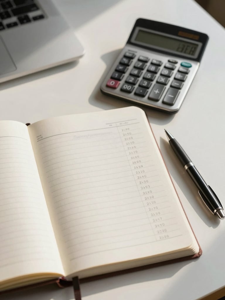 Close overhead shot of an open ledger and a calculator resting on a clean desk surface, a pen placed beside a column of handwritten figures, office daylight from the left casting soft shadows across the pages