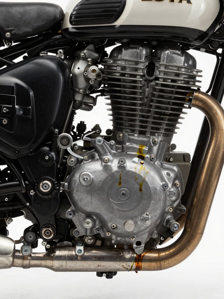 Tight close-up of a Royal Enfield engine casing and exhaust pipe, diffused north-facing studio light revealing casting texture and metal grain, oil traces visible on bolt heads, no rider or background, architectural framing