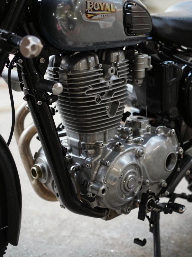 Close-up of Royal Enfield engine block and cylinder head from the left side, diffused north-facing light, casting fins and oil cap visible, bare concrete floor in background, no rider