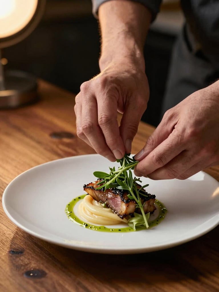 Close-up of hands carefully garnishing a plated dish on a dark wooden prep surface, fresh herb sprigs mid-placement, warm tungsten kitchen light casting a golden glow from the upper left