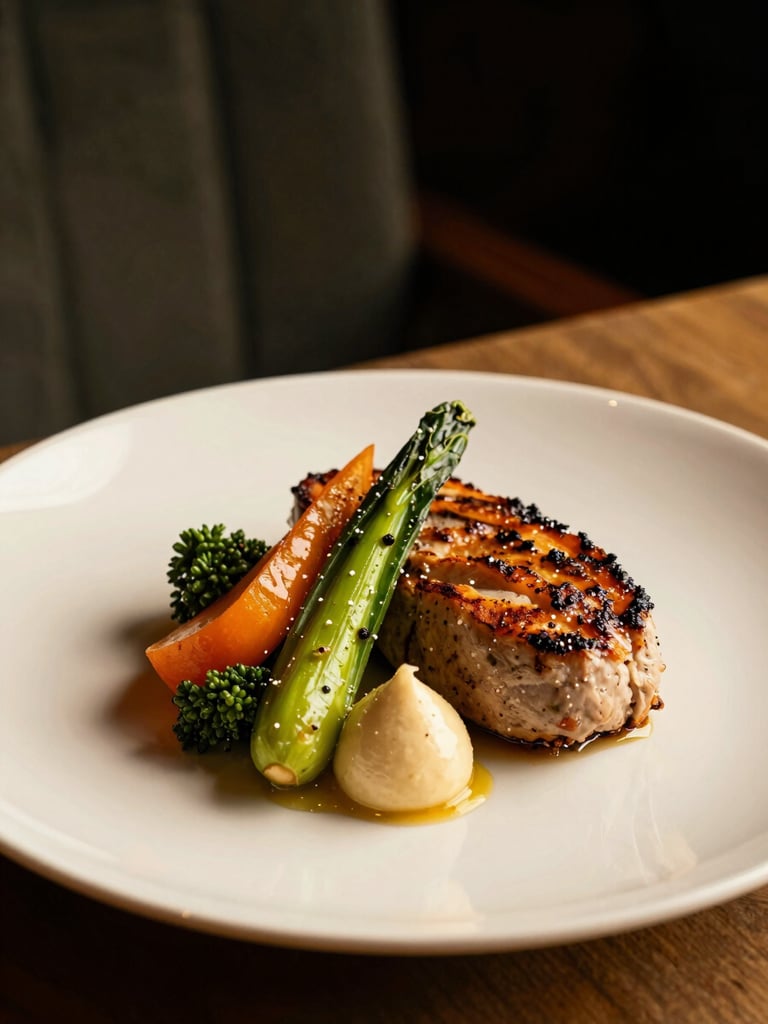 Three-quarter angle close-up of a beautifully plated main course on a cream ceramic plate, vibrant seasonal vegetables and a protein arranged with precision, warm golden indoor light from the side