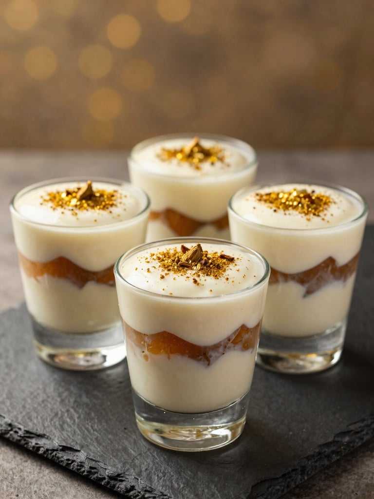 Close three-quarter angle of three individual dessert glasses filled with layered gulab jamun and cream, dusted with gold-toned cardamom powder, arranged on a dark slate surface under warm golden light, soft bokeh background