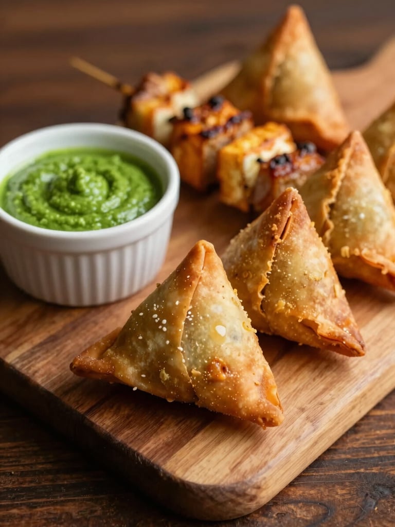 Close-up three-quarter angle of a wooden serving board loaded with golden samosa triangles, vibrant green chutney in a small ramekin, and sliced paneer tikka skewers under warm tungsten light, shallow depth of field