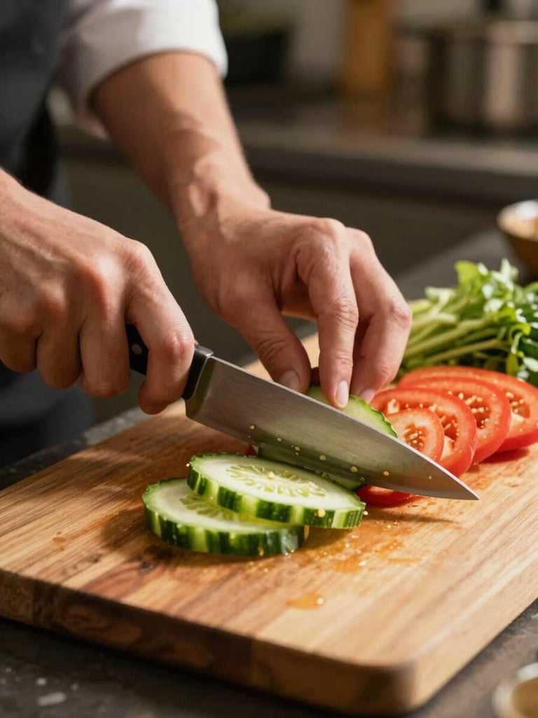 Close-up of a caterer's hands slicing fresh vegetables on a wooden cutting board, warm golden indoor light, vibrant greens and reds of the produce visible, dark kitchen counter background, shallow depth of field
