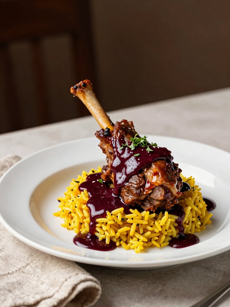 Three-quarter angle shot of a white ceramic plate holding braised lamb shank over saffron rice with a deep maroon reduction sauce, garnished with fresh herbs, warm soft indoor light, shallow depth of field, linen napkin at edge of frame