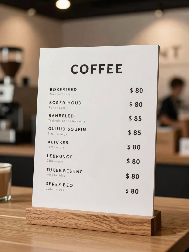 Vertical portrait of a modern minimalist coffee menu board on a clean wooden stand, soft warm lighting, blurred background of a premium exhibition booth