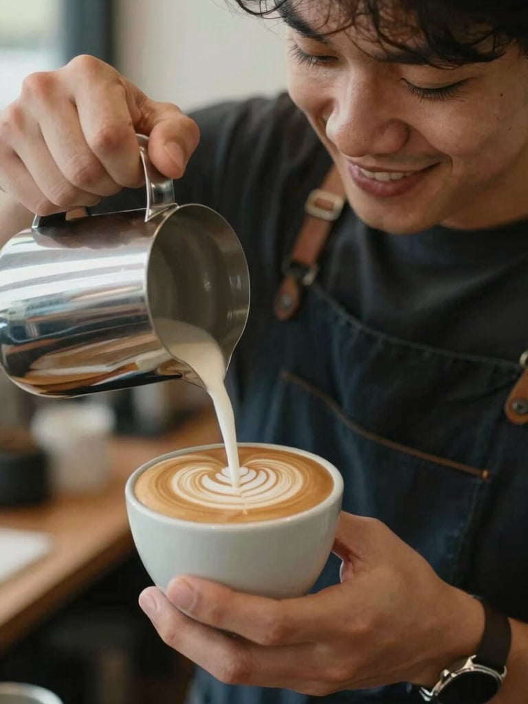 Close-up of a smiling barista pouring intricate latte art into a ceramic cup, warm natural light, focus on the creamy texture of the milk.