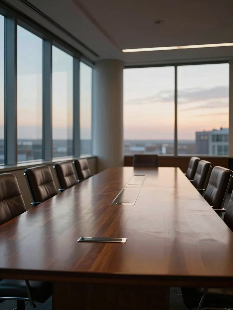 Wide interior shot of an empty boardroom at dusk, long mahogany table stretching toward tall windows, soft overcast light filtering through, leather chairs unoccupied, architectural calm, no people