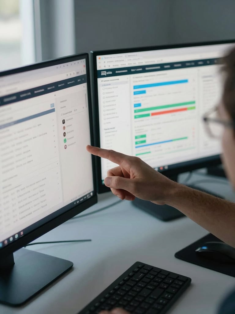 Close-up overhead of a desk with two monitors displaying annotated campaign performance dashboards, a hand pointing at a highlighted metric anomaly, cool office ambient light from a window to the left, clinical and unstyled