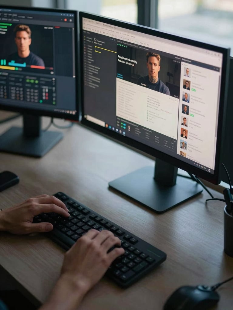 Close-up overhead of a desk with two monitors displaying campaign performance dashboards mid-analysis, hands resting on keyboard, cool office ambient light from a window, annotations visible on one screen