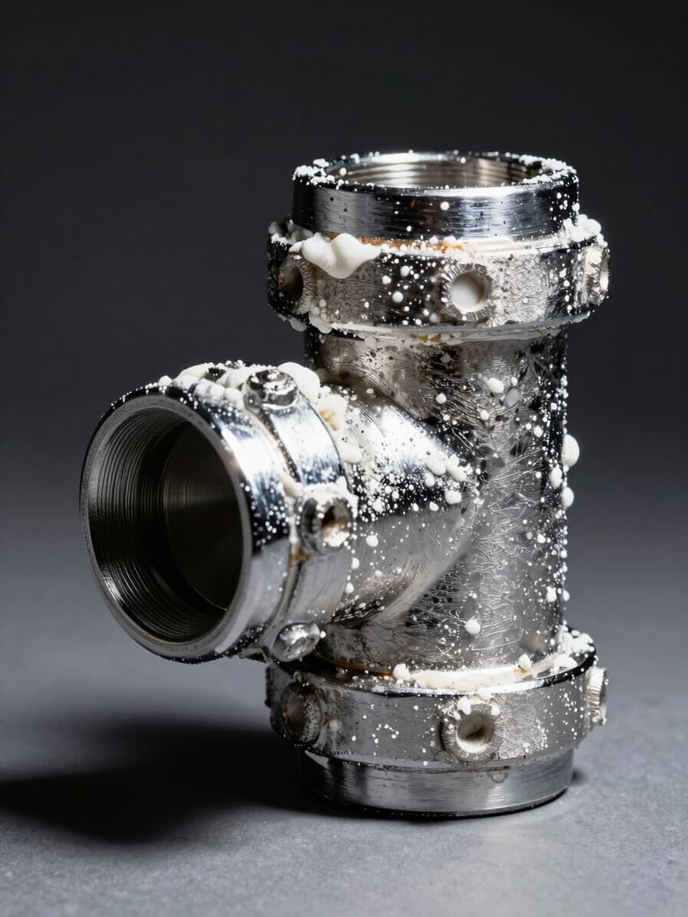 Tight close-up of a chrome pipe elbow with thick white calcium deposits crusted around the joint, studio strobe lighting from the left casting sharp shadow to reveal texture and buildup depth, isolated against a dark background, no people