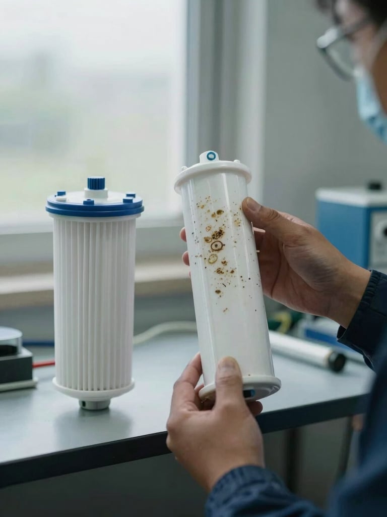 Close-up of a technician's hands holding a sediment filter cartridge next to an RO housing on a utility shelf, overcast north-facing window light, mineral staining visible on old cartridge