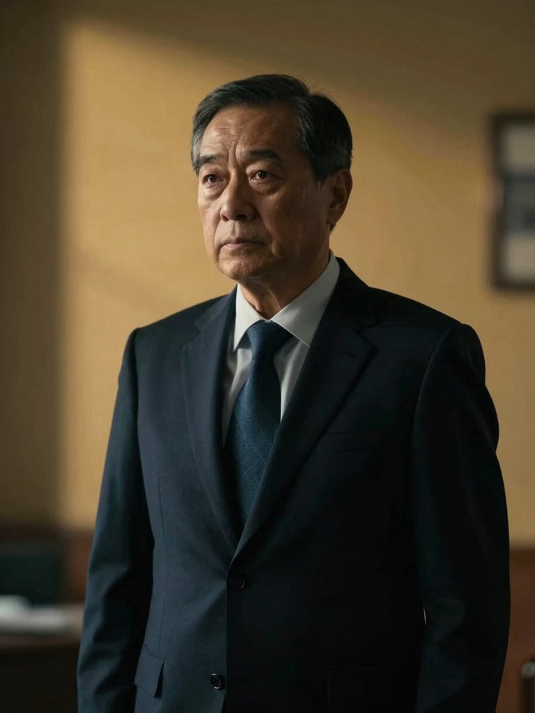 Cinematic moody portrait of a senior security director in a dark navy suit, looking off-camera, dramatic low-key lighting, shallow depth of field, professional authority