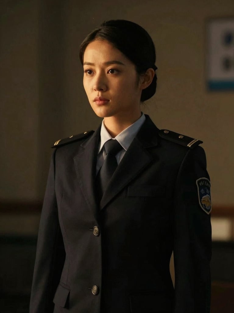 Cinematic low-key portrait of a female security operations chief, dark tailored blazer, professional and disciplined expression, soft golden side-light, 35mm lens
