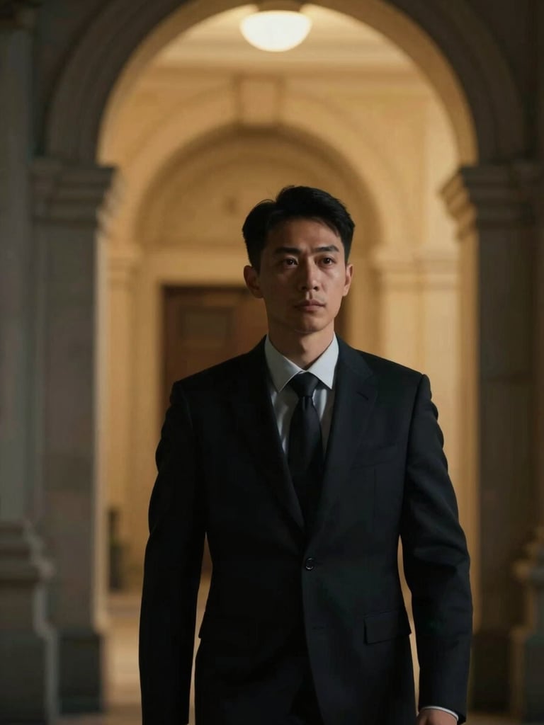 Close-up of a security professional in a dark tailored suit standing discreetly in the shadow of a grand architectural archway, warm golden light spilling from the interior, cinematic, low-key lighting
