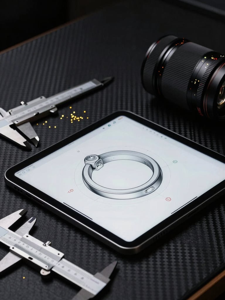 A secure digital tablet displaying a technical 3D CAD jewelry drawing on a dark workbench, surrounded by precision calipers and gold grain under focused studio light