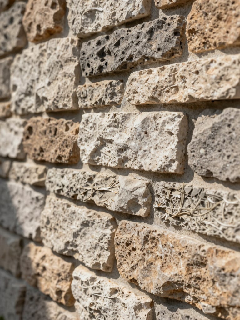 Extreme close-up macro shot of a completed stone veneer wall in afternoon Florida daylight, individual stone faces showing mortar joint depth and natural variation in color, sharp raking light from the right revealing surface texture and dimensional relief, no people, no signage