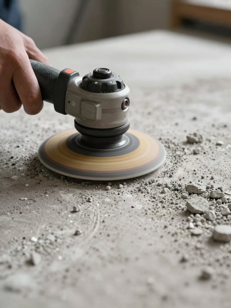 Macro shot of concrete surface preparation, technical grinding tool exposing clean aggregate, dust-free environment