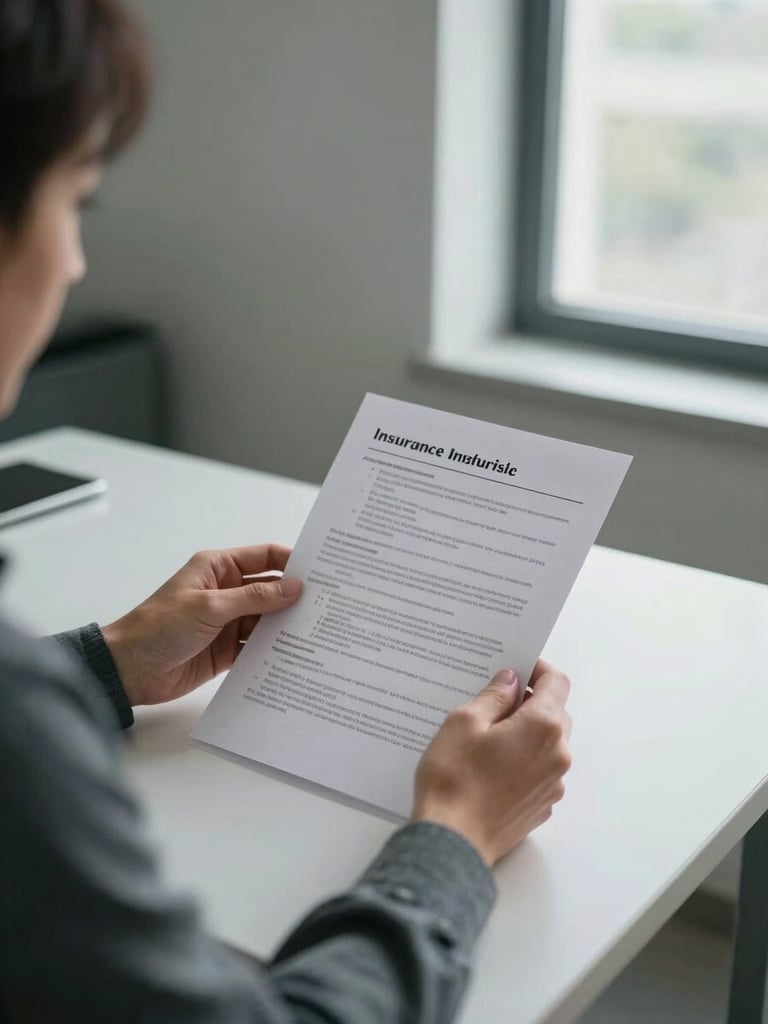 Medium shot from the left side of a clinic consultation desk, a person in business casual seated and carefully reading a printed insurance policy document, natural diffused daylight from a window to the right, papers and a pen on the desk, cool shadowless indoor light, no eye contact with camera