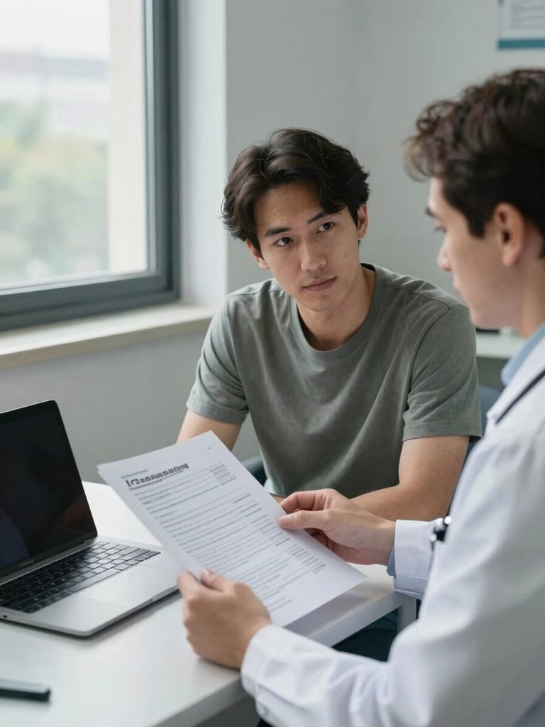 Medium shot inside a quiet clinic consultation room, a patient seated across a desk from a physician reviewing printed coverage documents together, natural cool daylight from a side window, papers and a laptop screen visible, no smiles posed for camera, candid moment of shared attention