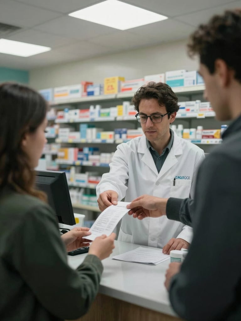 Wide environmental shot inside a pharmacy, a staff member standing behind the counter handing a printed receipt to a customer, fluorescent and natural mixed light, shelves of medicine visible in background, candid moment of a transaction, cool tones, no staging