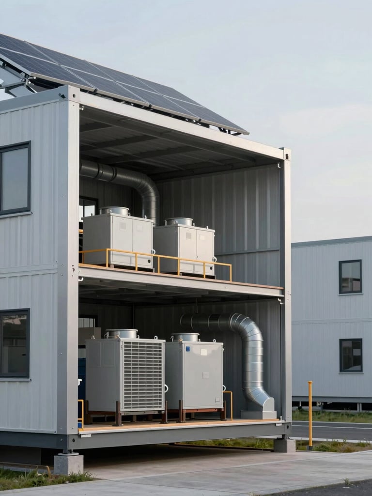 Wide architectural section view of a modular net-zero building, left-framed composition, cutaway showing solar panel array on roof, thermal storage units mid-floor, and ventilation ducts in wall cavities — all visible as a technical diagram under cool diffuse daylight, structural geometry sharp and precise, no people
