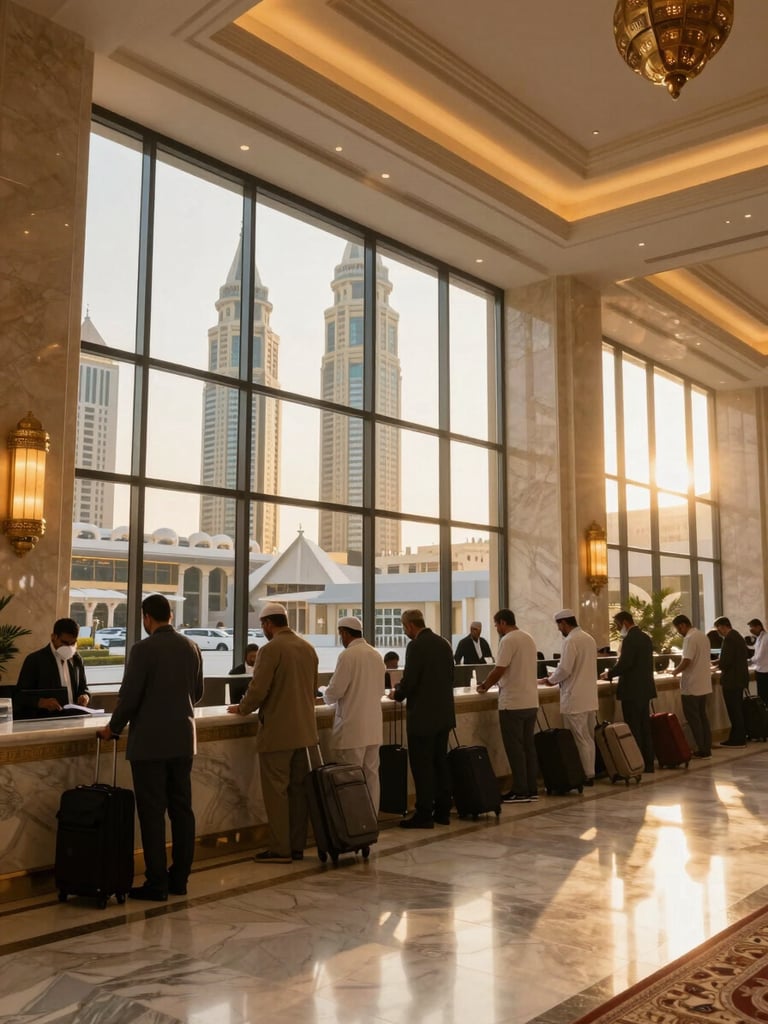 Wide interior shot of a premium hotel lobby in Makkah, pilgrims with luggage checking in at the reception desk, marble floors and warm overhead lighting, the Abraj Al-Bait towers visible through floor-to-ceiling windows in the background, natural golden-hour light filling the right side of the frame