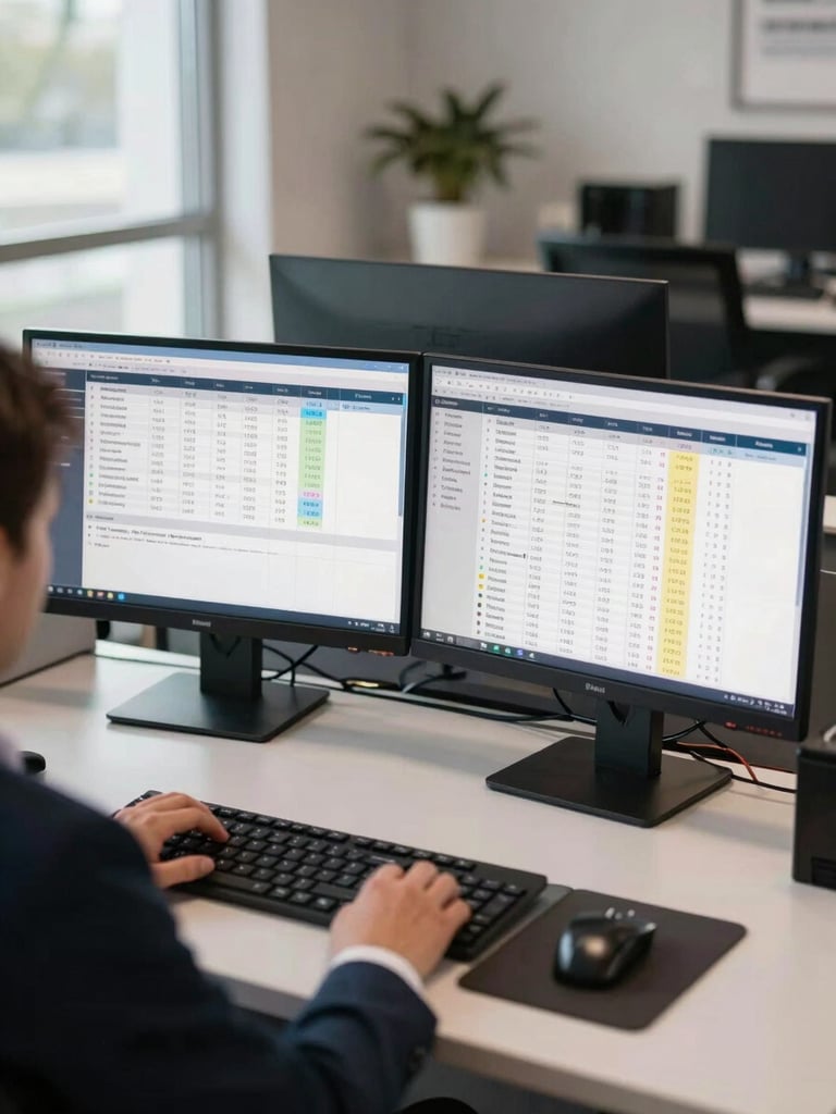 Close interior shot of a tour operator at a wide desk reviewing a multi-panel booking dashboard on two monitors, hotel room allocation grids and rate tables visible on screen, natural daylight from a window to the left, professional office environment, sharp focus on the screen data
