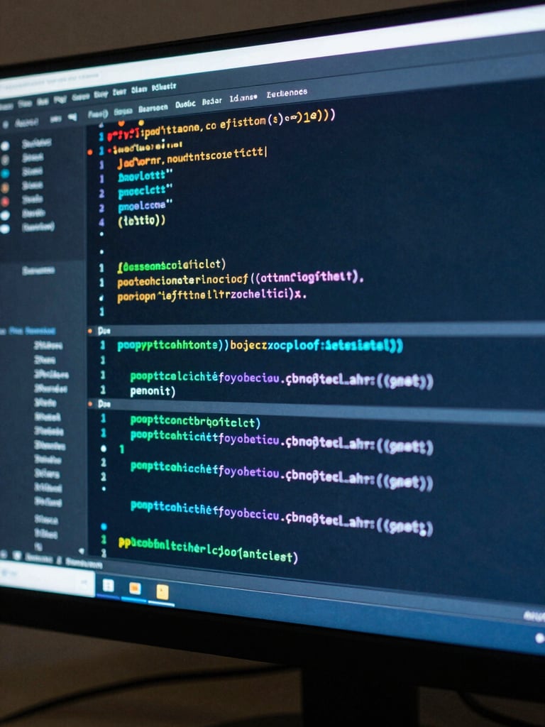 Macro close-up of a high-resolution monitor displaying clean, complex system architecture code, cool blue and teal lighting, sharp focus, technical atmosphere.