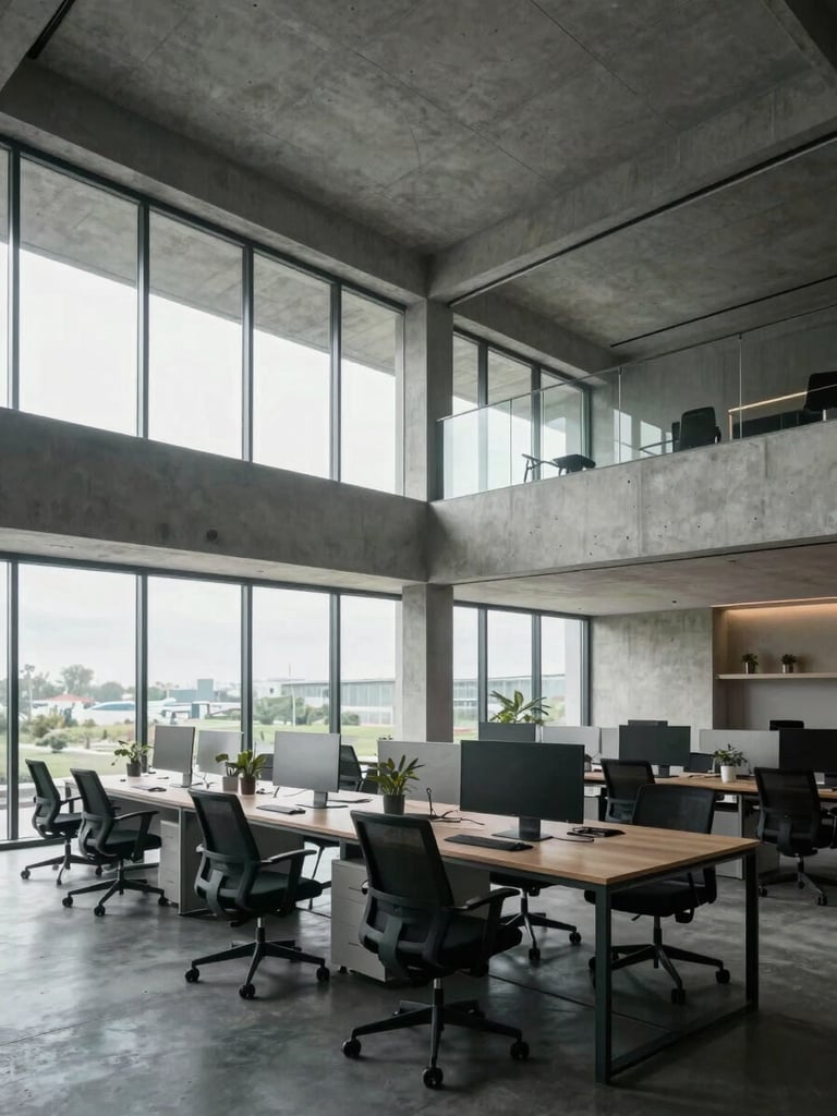 Wide environmental shot of a modern architectural office workspace, cool-toned natural light, minimalist concrete and glass design.