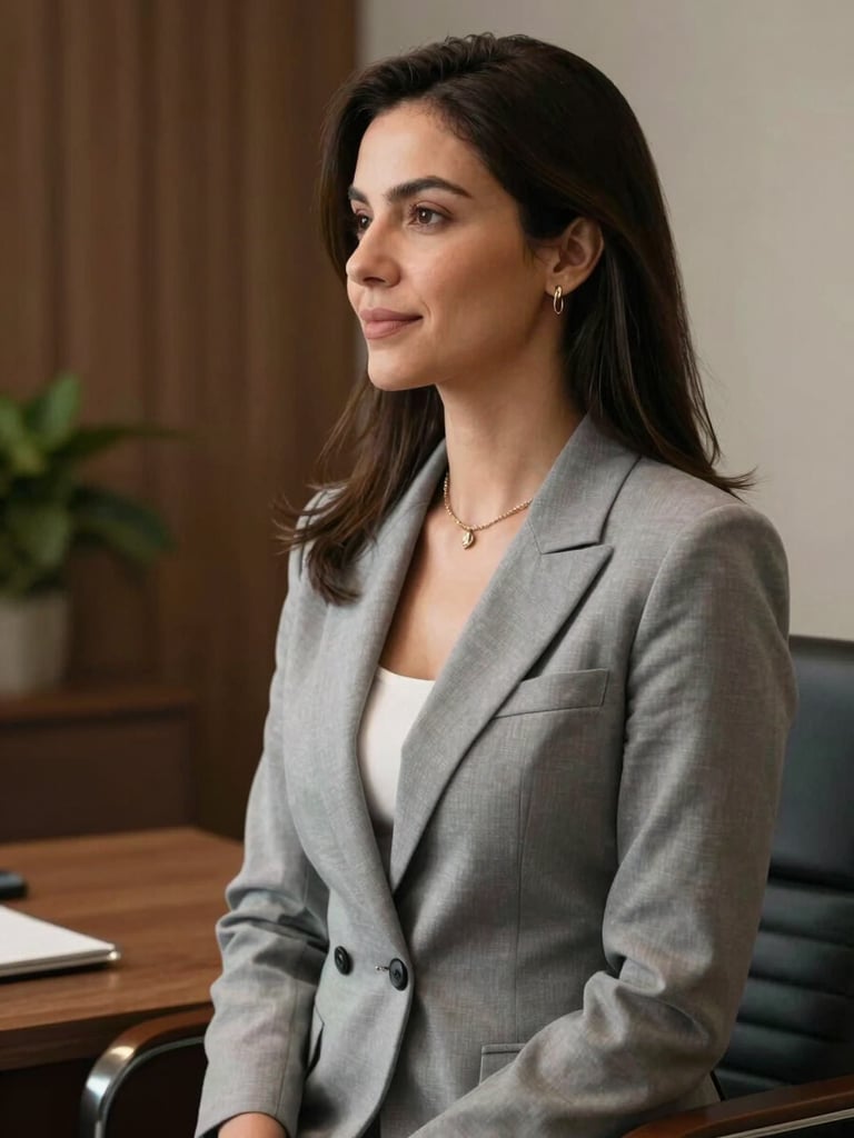 Retrato elegante de perfil médio de uma advogada em seu escritório iluminado, vestindo alfaiataria em tom cinza claro, com expressão serena e acolhedora, transmitindo confiança e autoridade.
