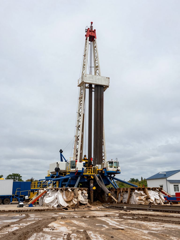 Wide environmental shot of a large drilling rig mid-operation on a rural French work site, steel drill mast rising against an overcast sky, exposed chalky geological strata visible at the borehole edge, muddy terrain in foreground, natural diffused daylight, no workers posed