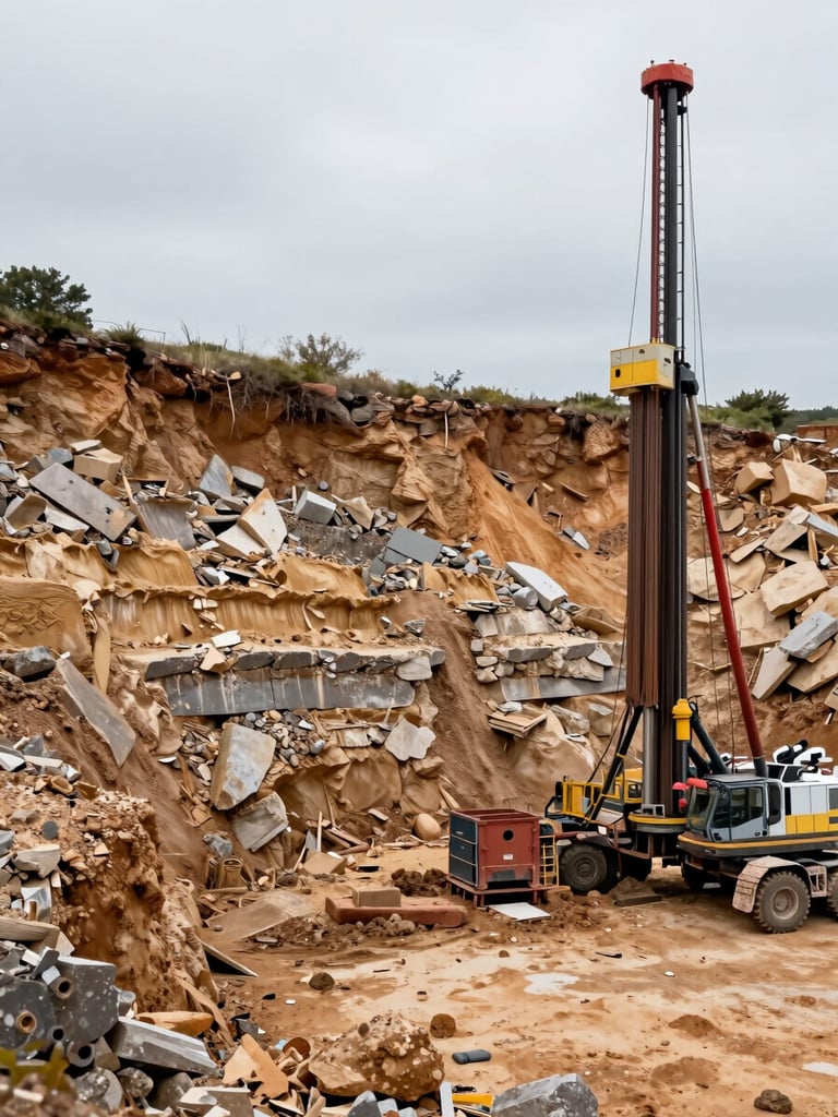 Wide environmental shot of an active borehole drilling site in southern France, geological layers of limestone and clay visible in the excavated trench wall, heavy drilling rig positioned to the right third, overcast natural daylight, muted ochre and gray earth tones, no people visible