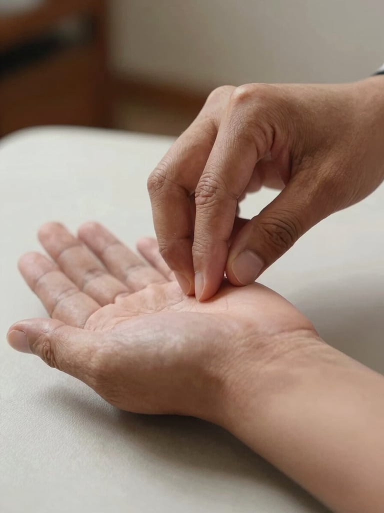 Close-up of a practitioner's hands taking a patient's pulse, three-finger classical Ayurvedic position on the wrist, diffuse north-facing light, clinical table surface below, no faces visible