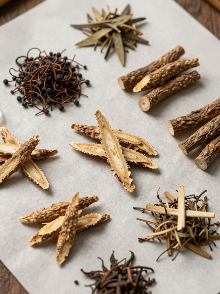 Close overhead view of dried Ayurvedic botanicals — ashwagandha root sections, shatavari stalks, and small glass vials arranged on a pale parchment surface under diffuse north-facing daylight, precise clinical layout
