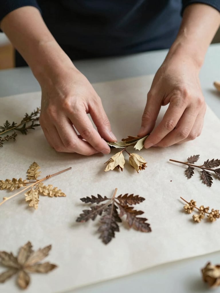 Close-up overhead view of a practitioner's hands arranging dried botanical specimens on parchment paper, soft north-facing daylight, clinical workspace surface visible at edges, no faces